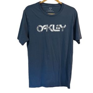Oakley Graphic T-shirt, Blue, logo, white with gray lettering, regular f…
